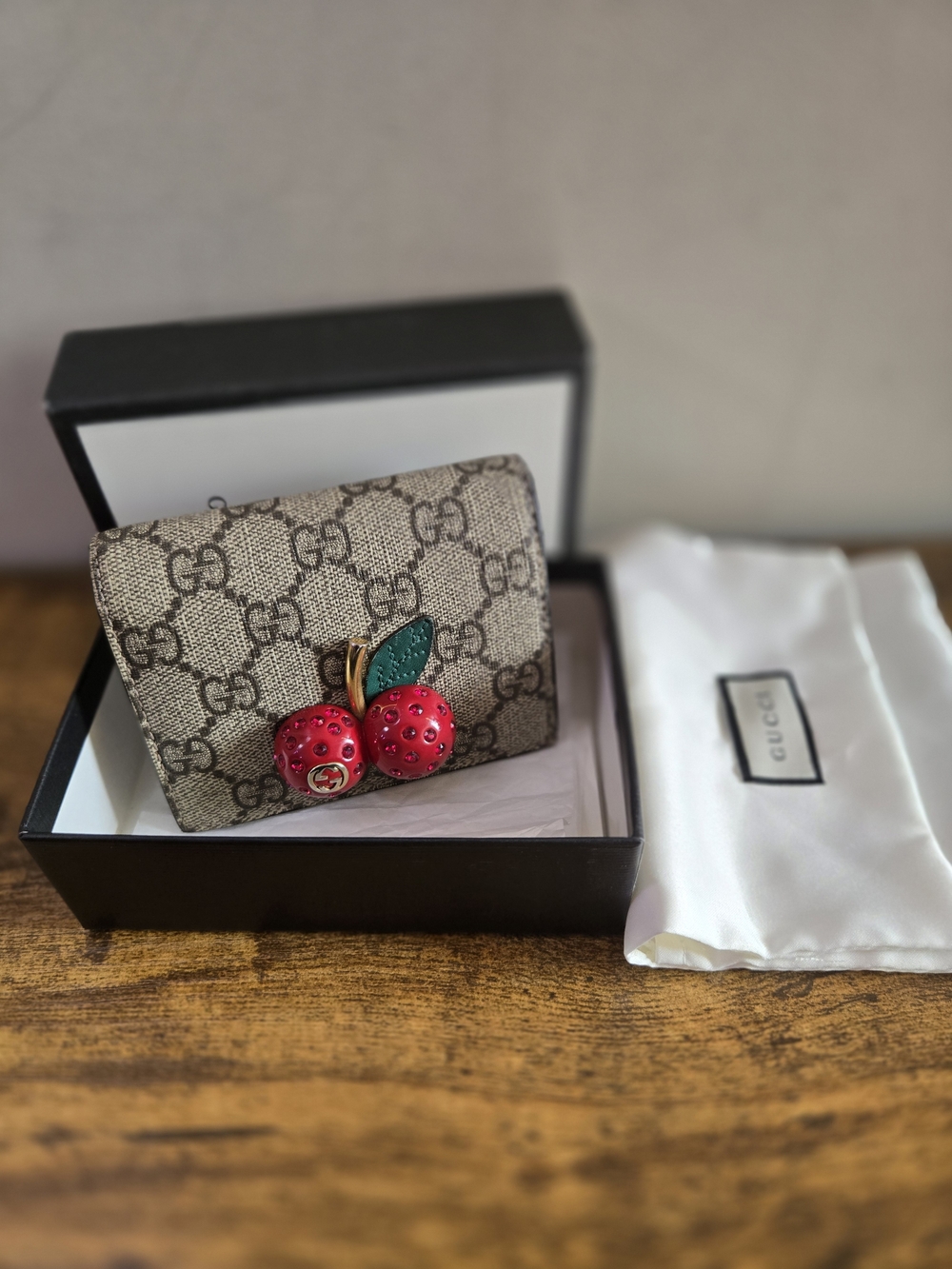 Gucci Cherry GG Supreme Small Wallet - Beige/Brown with Red Accent